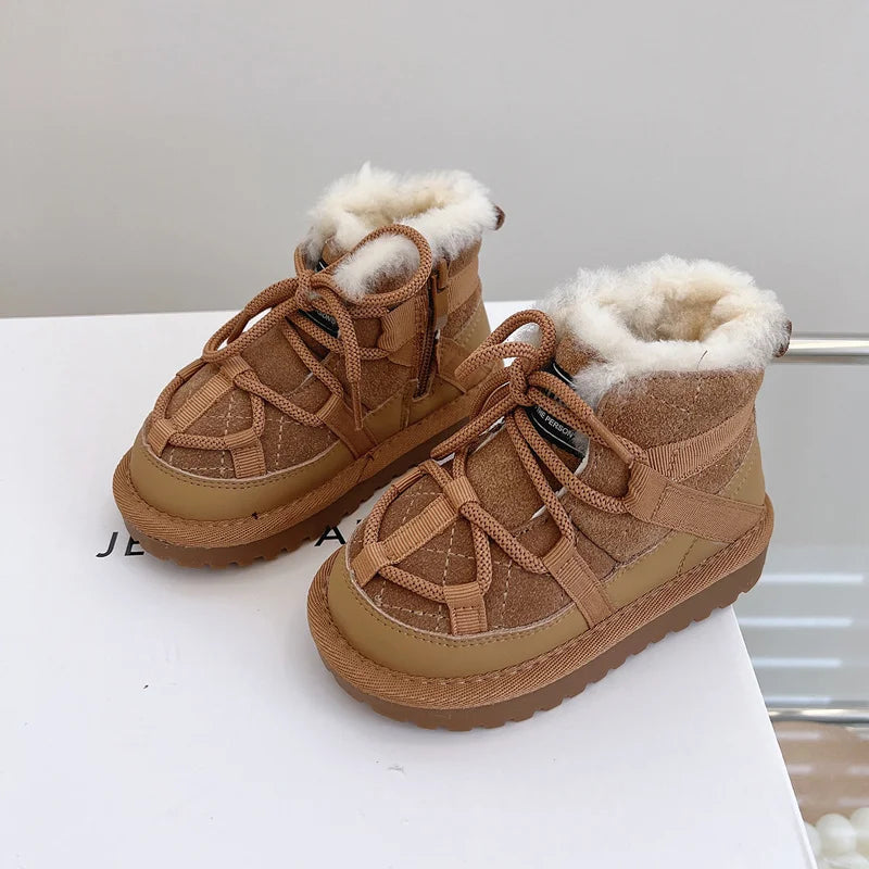 2023 New Winter Children Snow Boots Genuine Leather