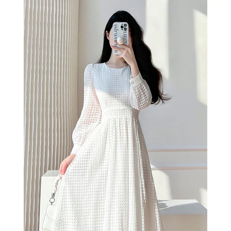 2023 Spring Women Elegant Lace Midi White Dress