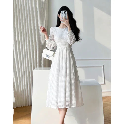 2023 Spring Women Elegant Lace Midi White Dress