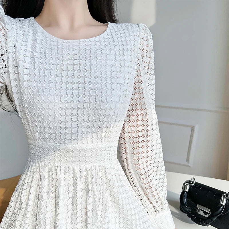 2023 Spring Women Elegant Lace Midi White Dress