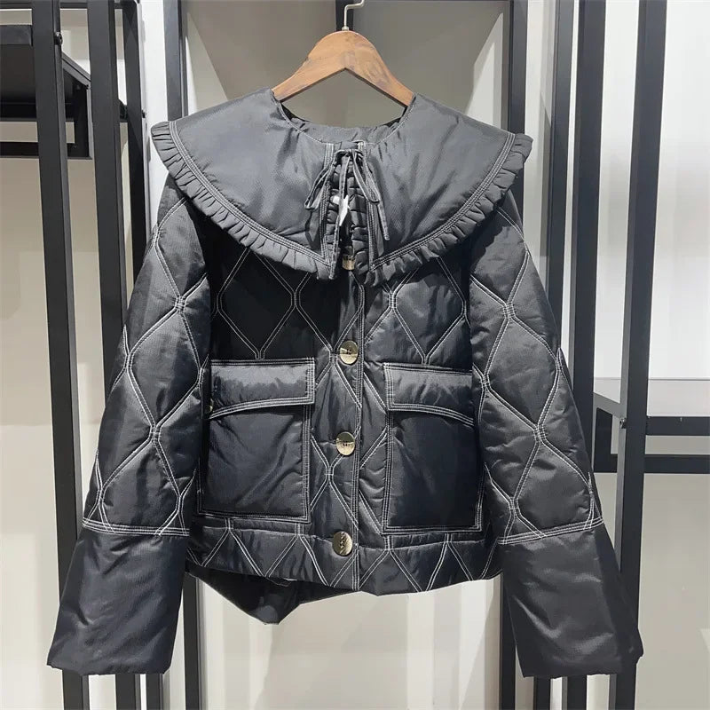 2024 Autumn/winter Nordic Ruffled Quilting Short Type Parkas