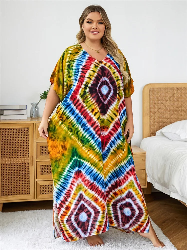 2024 Bohemian Multicolor V Neck Loose Kaftan Dress