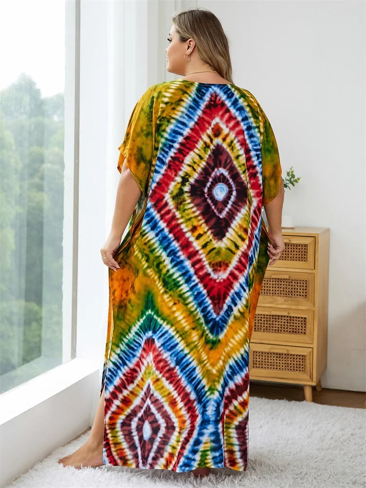 2024 Bohemian Multicolor V Neck Loose Kaftan Dress