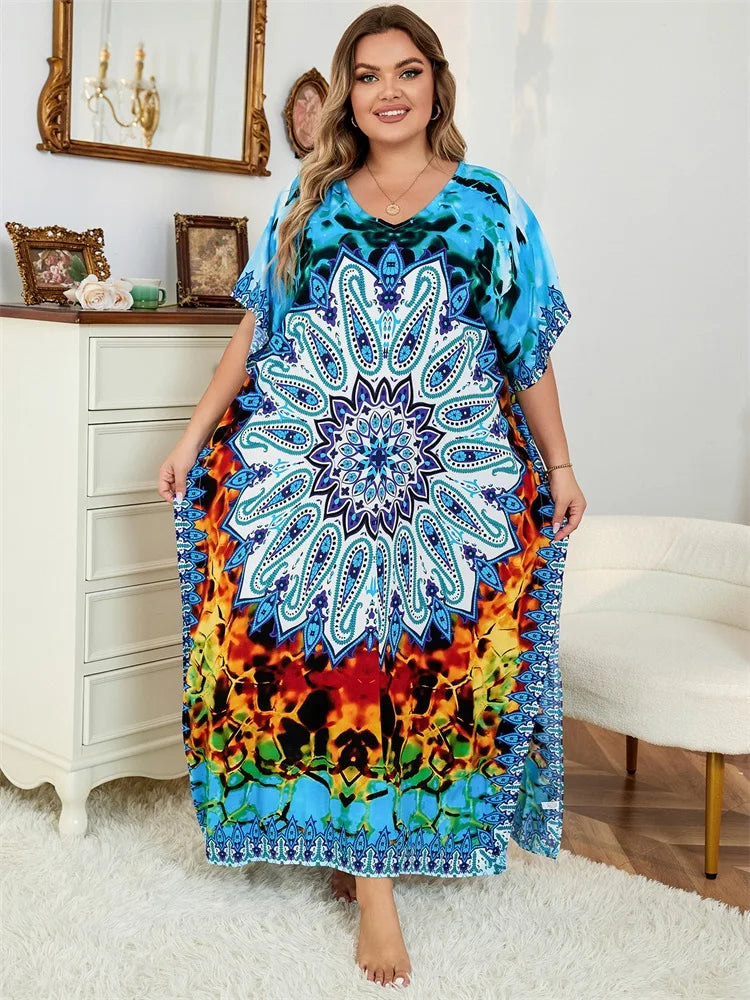 2024 Bohemian Multicolor V Neck Loose Kaftan Dress