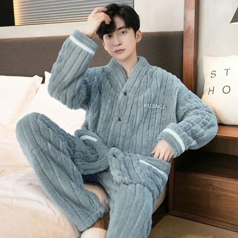 2024 Men's Warm Pajama Sets Autumn Winter Thick