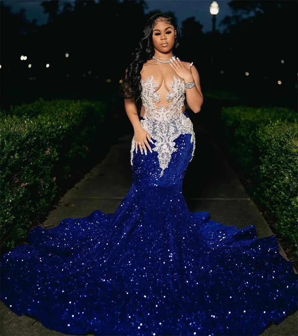 2024 Royal Blue Sequins Beaded Appliques Prom Dresses