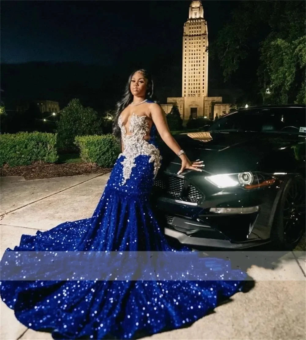2024 Royal Blue Sequins Beaded Appliques Prom Dresses