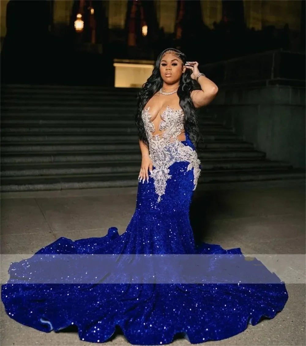 2024 Royal Blue Sequins Beaded Appliques Prom Dresses