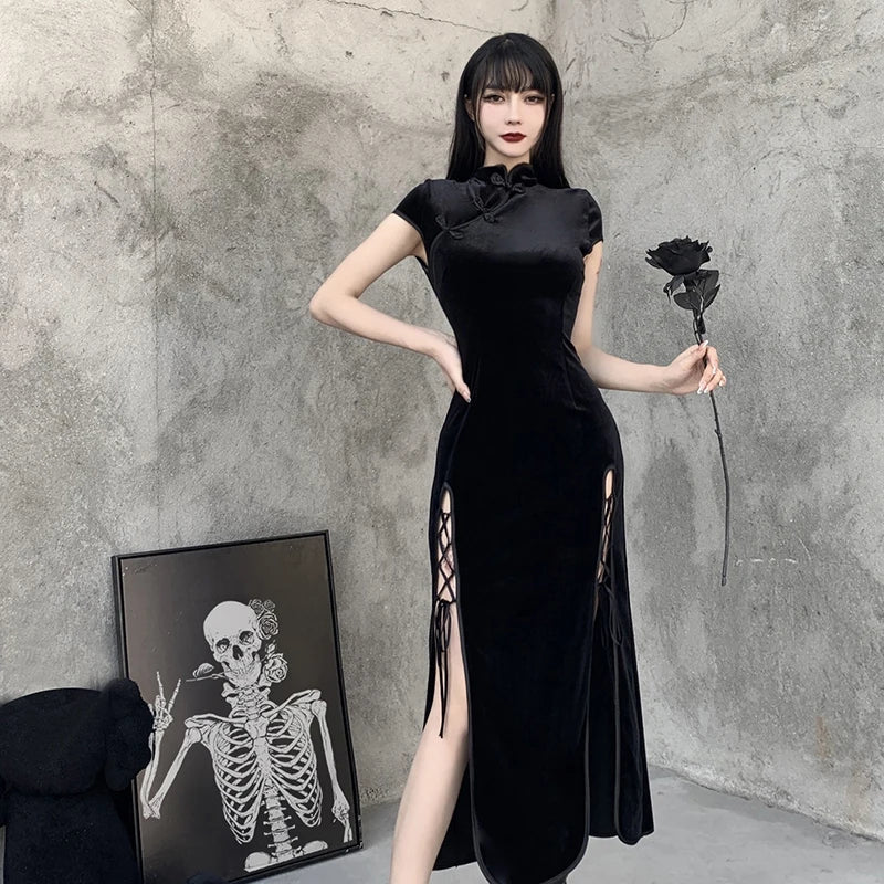 2024 Vintage Black Bandage Chinese Style Cheongsam High