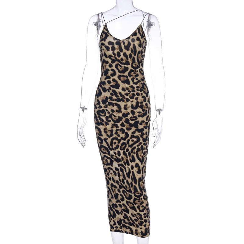 2024 leopard print sleeveless V-neck sexy midi dress