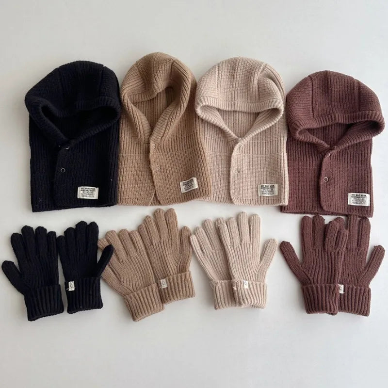 2PCS Baby Hooded Hats Mittens Solid Winter Knitted