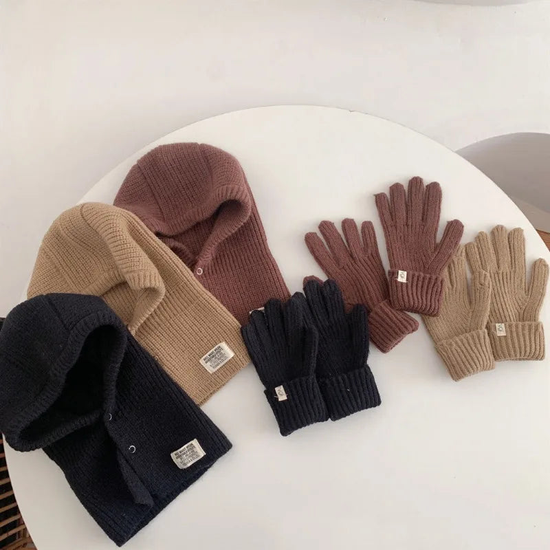 2PCS Baby Hooded Hats Mittens Solid Winter Knitted