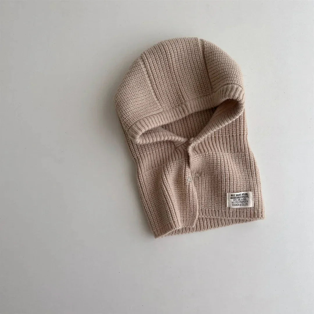 2PCS Baby Hooded Hats Mittens Solid Winter Knitted