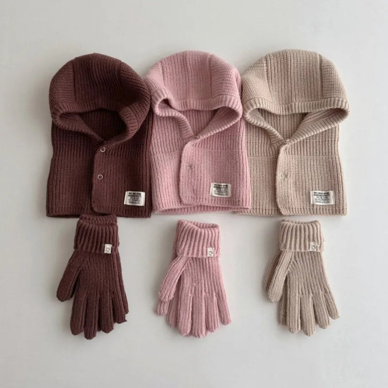2PCS Baby Hooded Hats Mittens Solid Winter Knitted