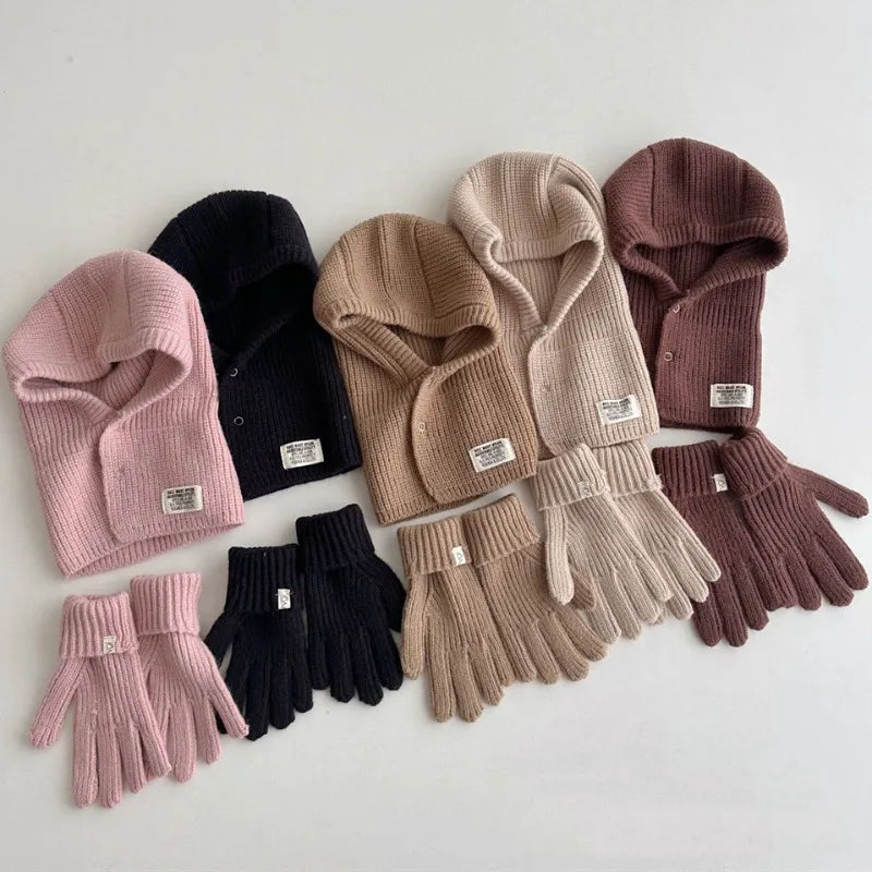 2PCS Baby Hooded Hats Mittens Solid Winter Knitted