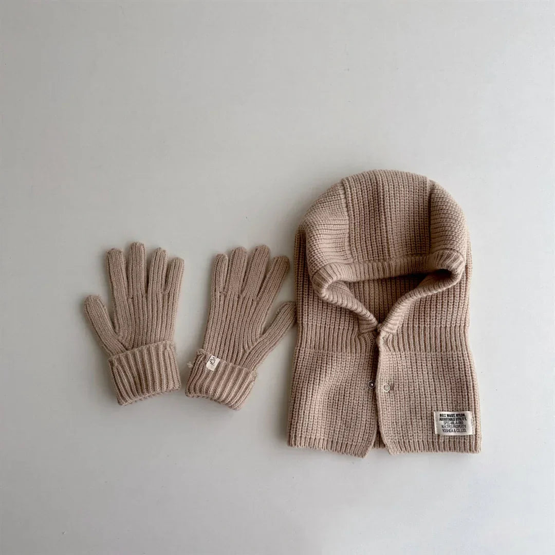 2PCS Baby Hooded Hats Mittens Solid Winter Knitted