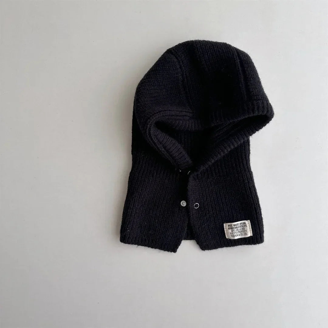 2PCS Baby Hooded Hats Mittens Solid Winter Knitted