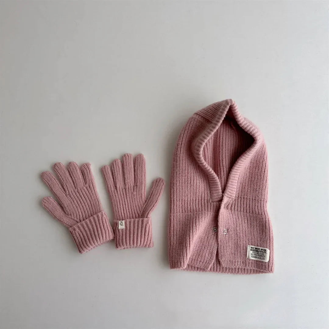 2PCS Baby Hooded Hats Mittens Solid Winter Knitted