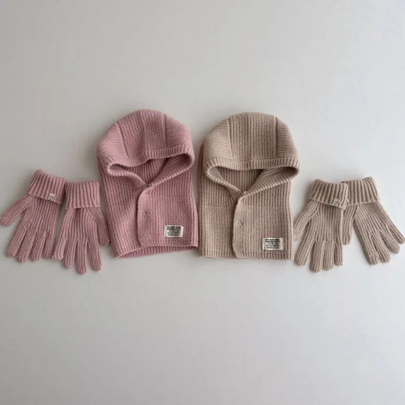 2PCS Baby Hooded Hats Mittens Solid Winter Knitted