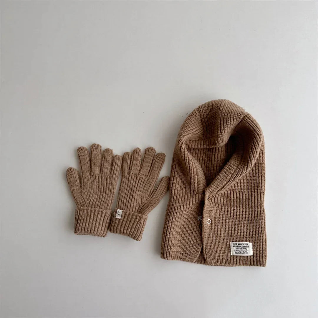 2PCS Baby Hooded Hats Mittens Solid Winter Knitted
