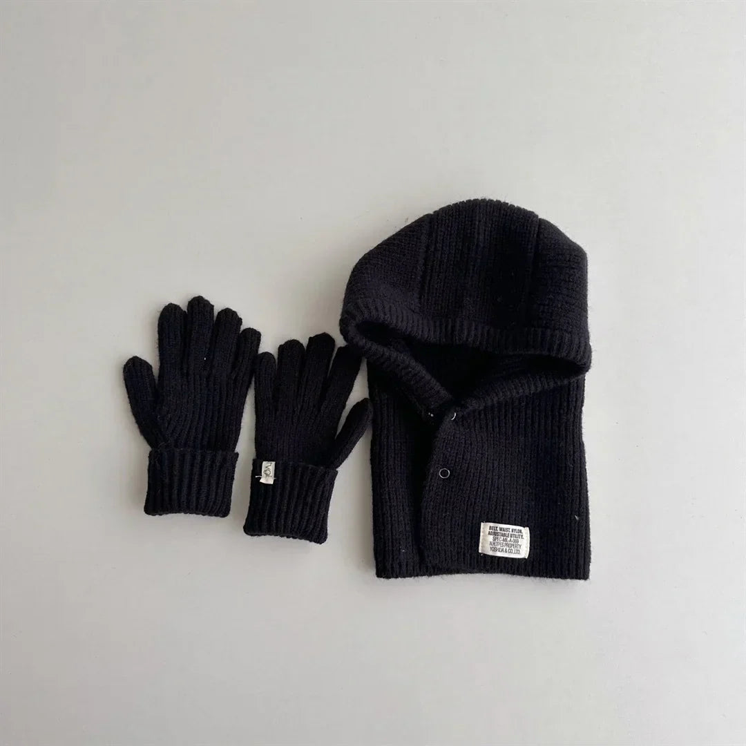 2PCS Baby Hooded Hats Mittens Solid Winter Knitted