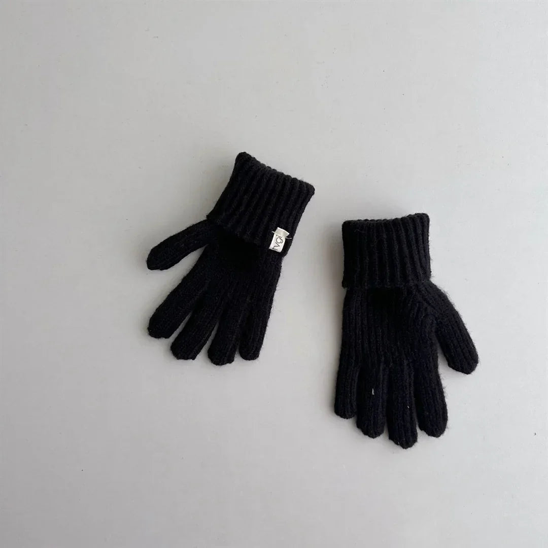 2PCS Baby Hooded Hats Mittens Solid Winter Knitted