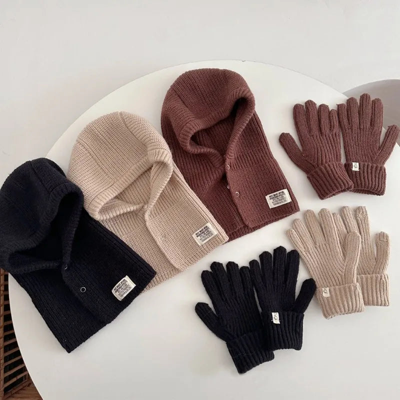 2PCS Baby Hooded Hats Mittens Solid Winter Knitted