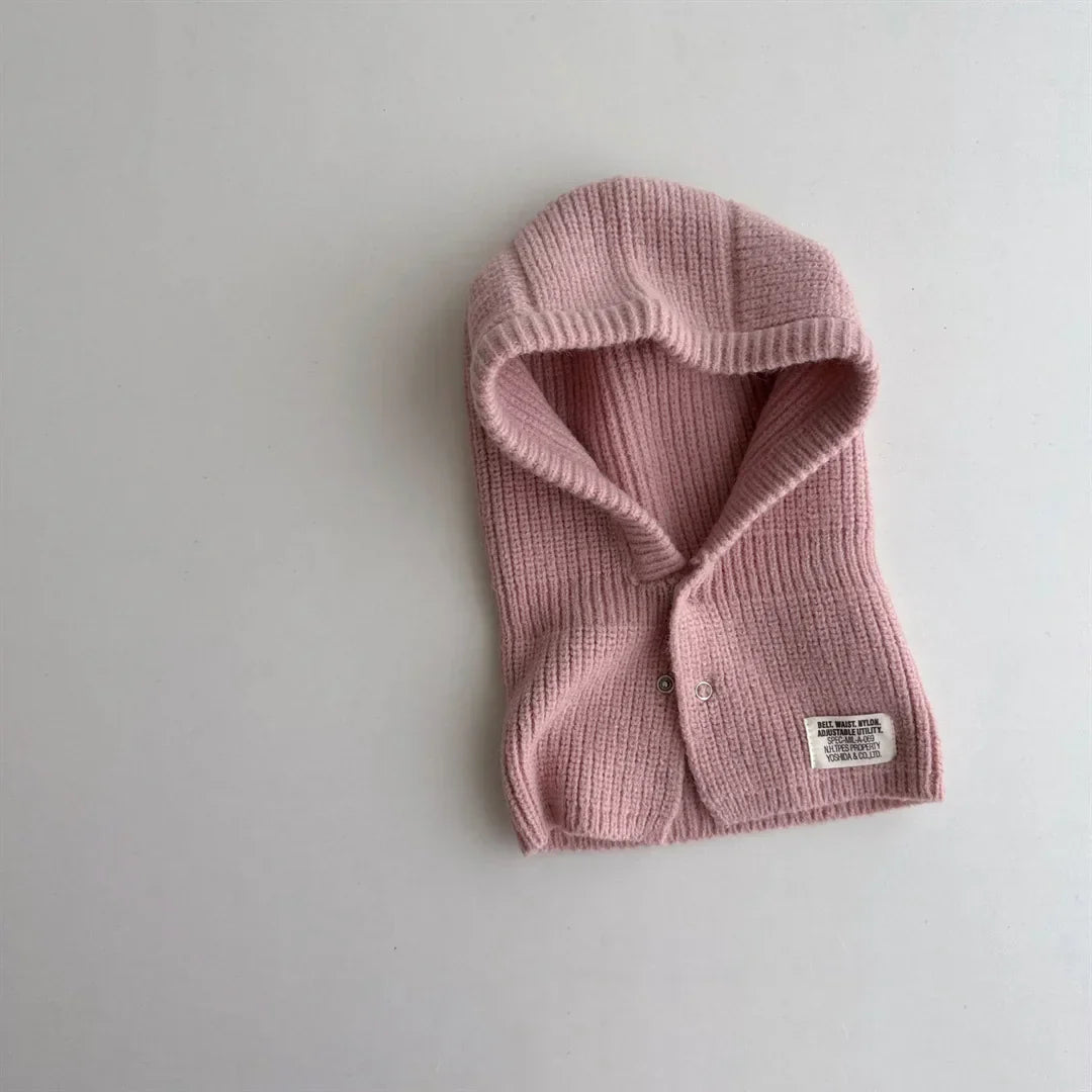 2PCS Baby Hooded Hats Mittens Solid Winter Knitted