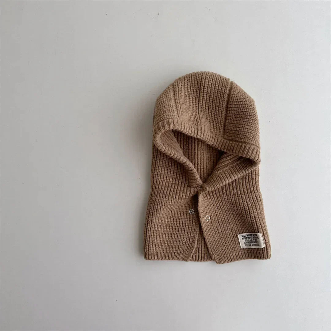 2PCS Baby Hooded Hats Mittens Solid Winter Knitted