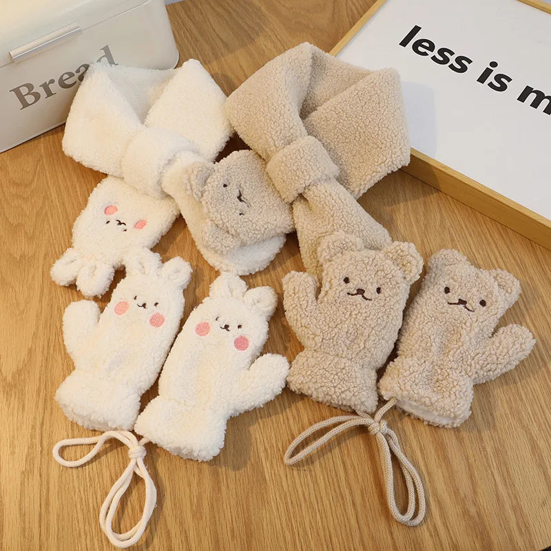 2Pcs Winter Baby Scarf Gloves Set Lamb Wool