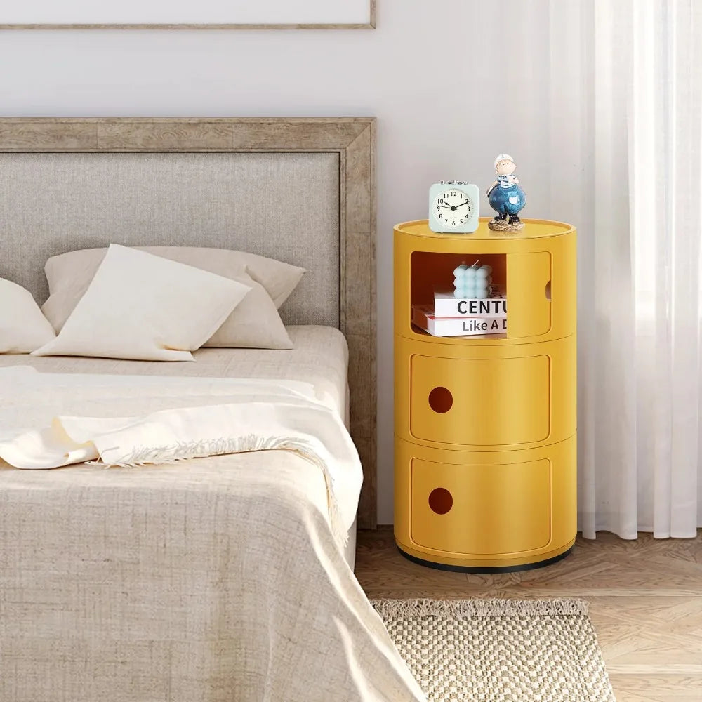 3 Drawer Sliding Barrel Modern Bedroom Nightstand, Yellow