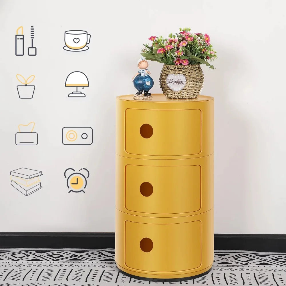 3 Drawer Sliding Barrel Modern Bedroom Nightstand, Yellow