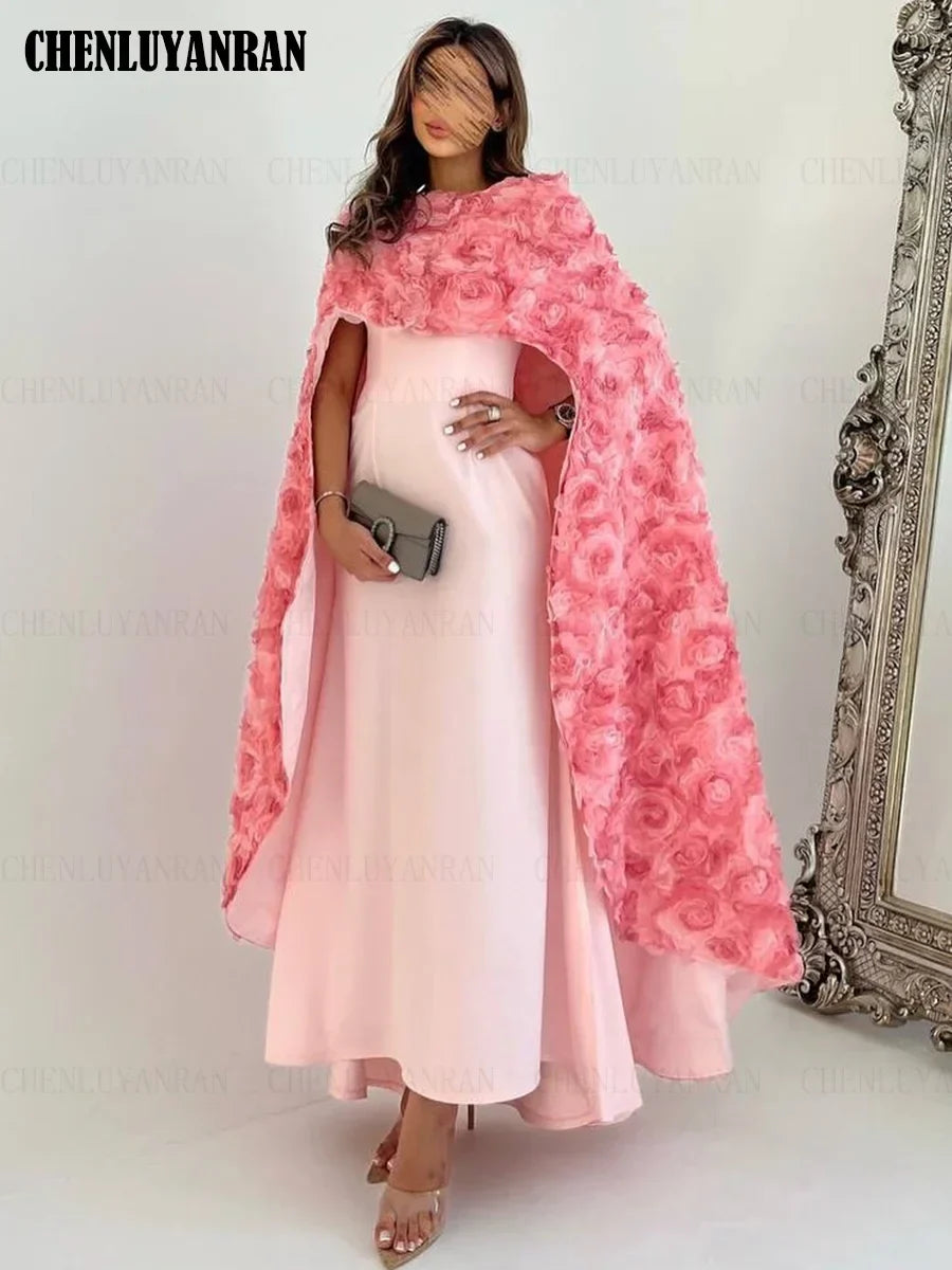 2023 Pink Mermaid 3D Flower Evening Gown with Cloak