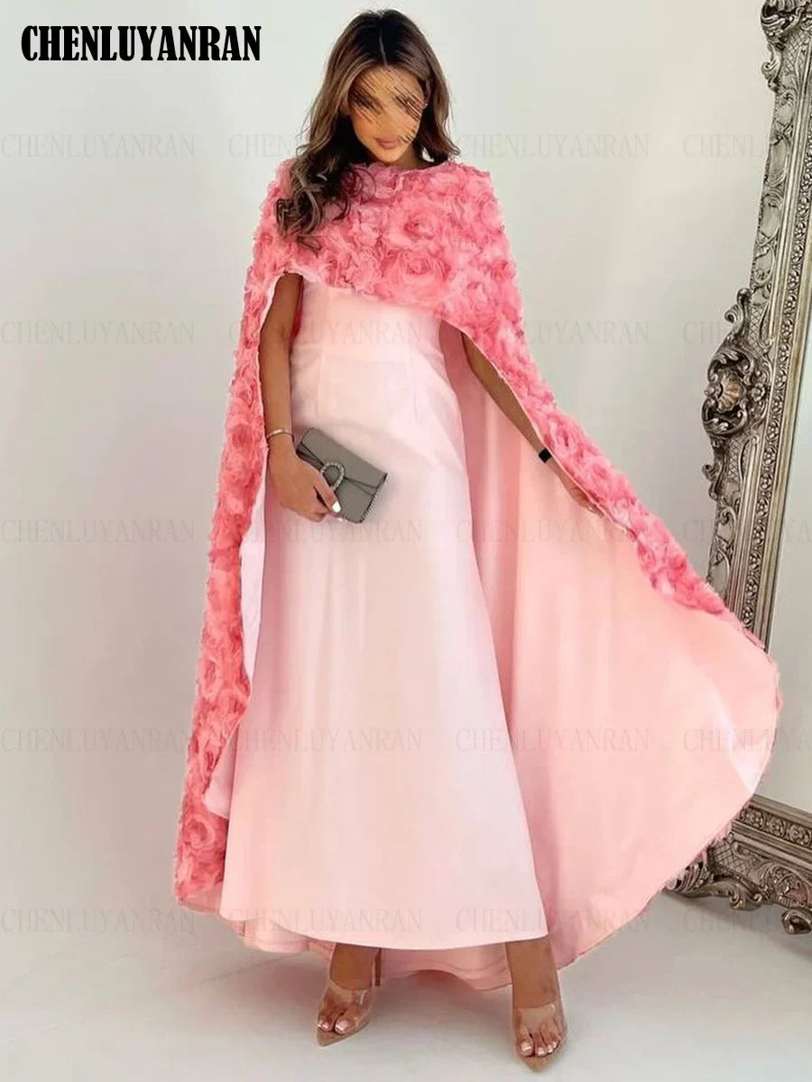 2023 Pink Mermaid 3D Flower Evening Gown with Cloak