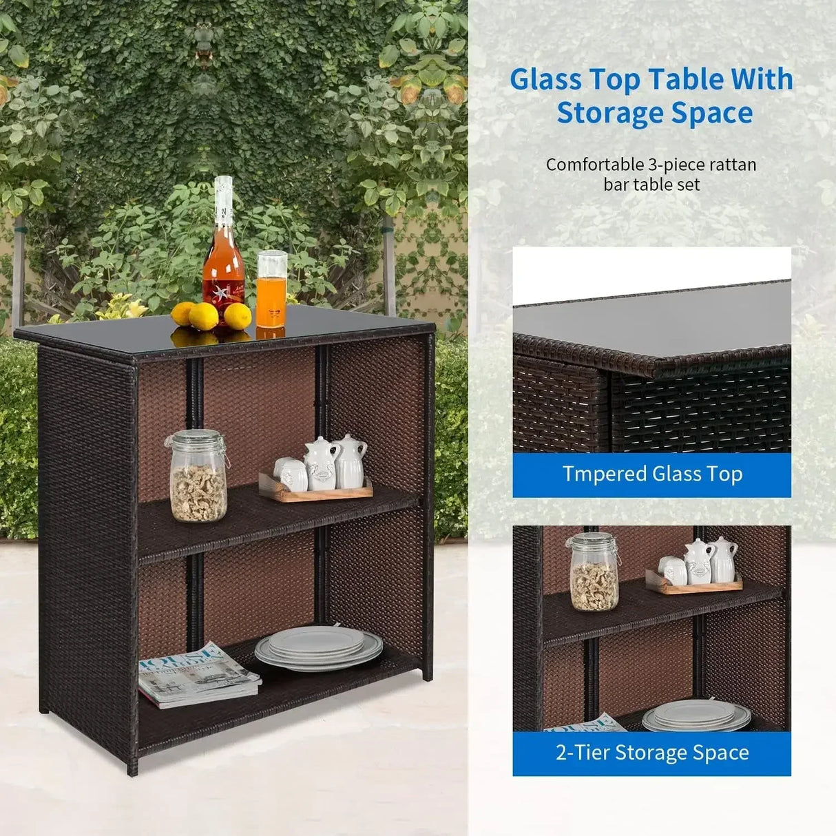 3PCS Patio Bar Set Outdoor Furniture Set Wicker