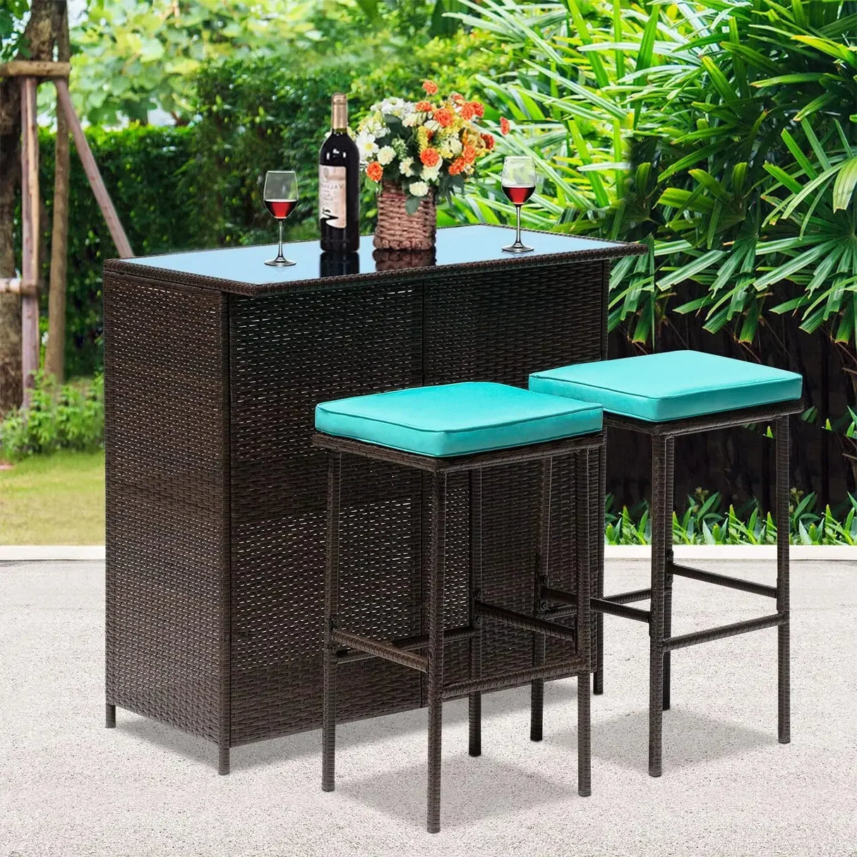 3PCS Patio Bar Set Outdoor Furniture Set Wicker