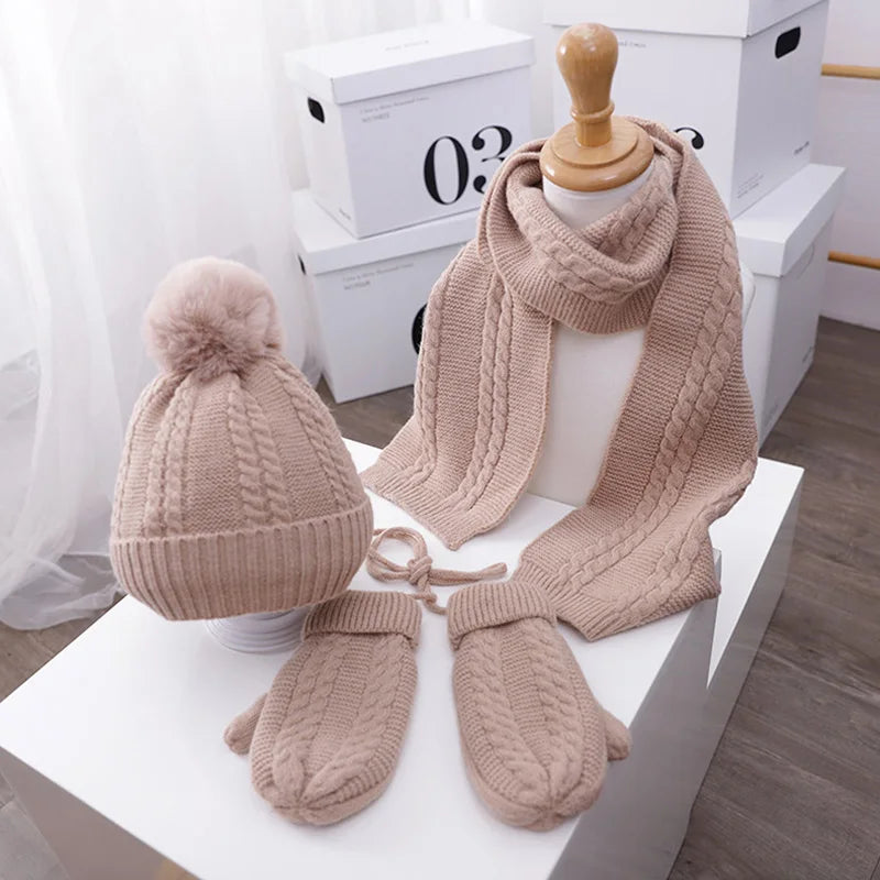 3PCS Winter Baby Hat Scarf Gloves Set Plush