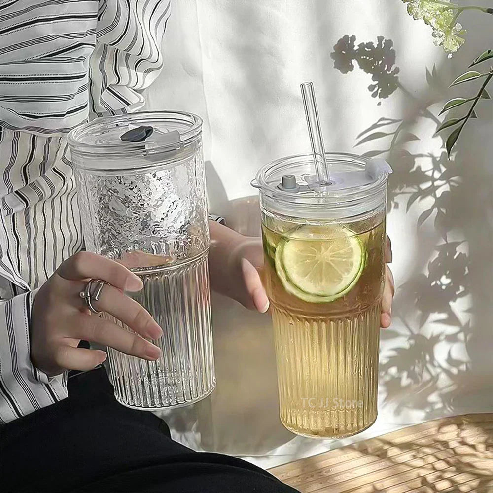 450/600ml Stripe Glass Cup Transparent Glasses With Lid