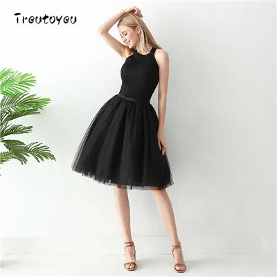 5 Layers 65cm Black Pleated Skirt Sexy Midi
