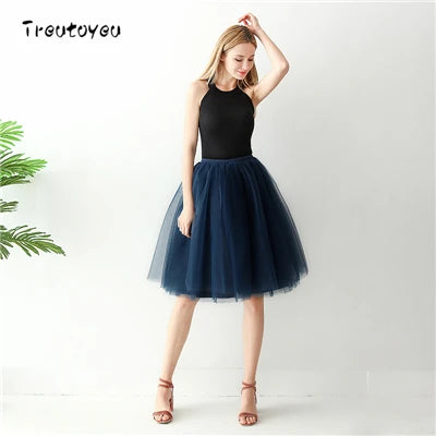5 Layers 65cm Black Pleated Skirt Sexy Midi