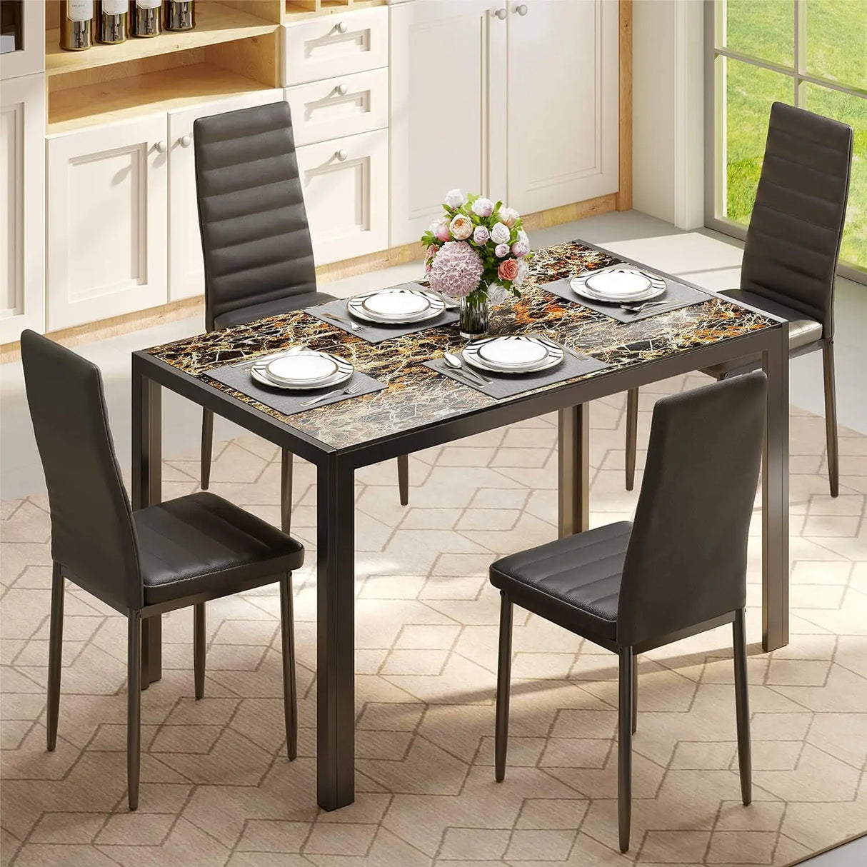 5 Piece Glass Dining Table Set, Kitchen and