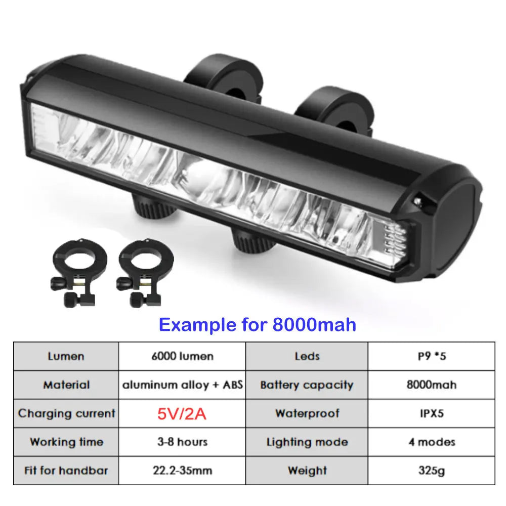 6000LM Bike Front Light Bicycle Lamp 8000Mah Aluminum