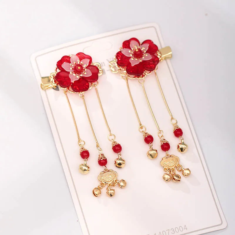 1pair Chinese Hanfu Hair Accessories Red Flower Hairpins