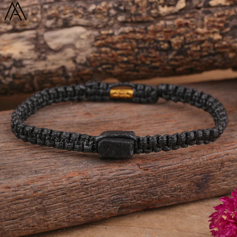 Natural Black Tourmaline Single Beads Woven Adjustable Bracelet