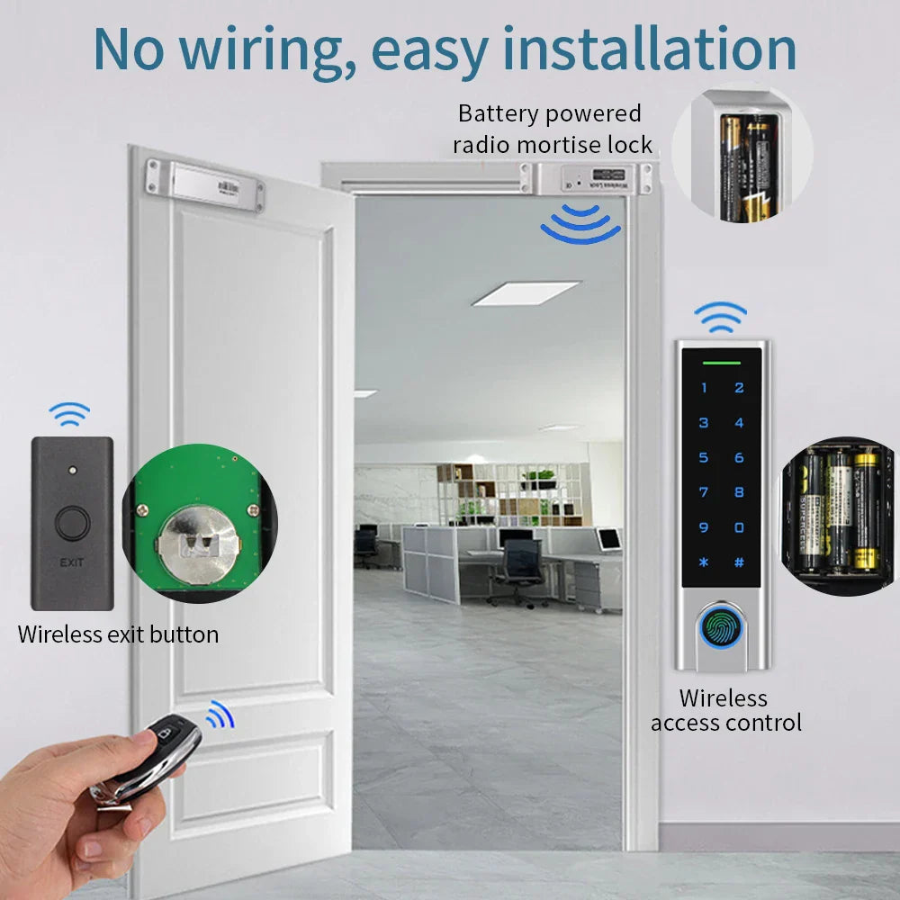 IP65 Waterproof  DIY Wireless Lock Kit Metal Wireless Fingerprint Keypad+Lock+Exit Button+Remote Transmitters For Home Office
