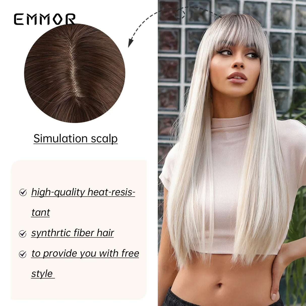 Emmor Long Platinum Blonde White Wig with Bang