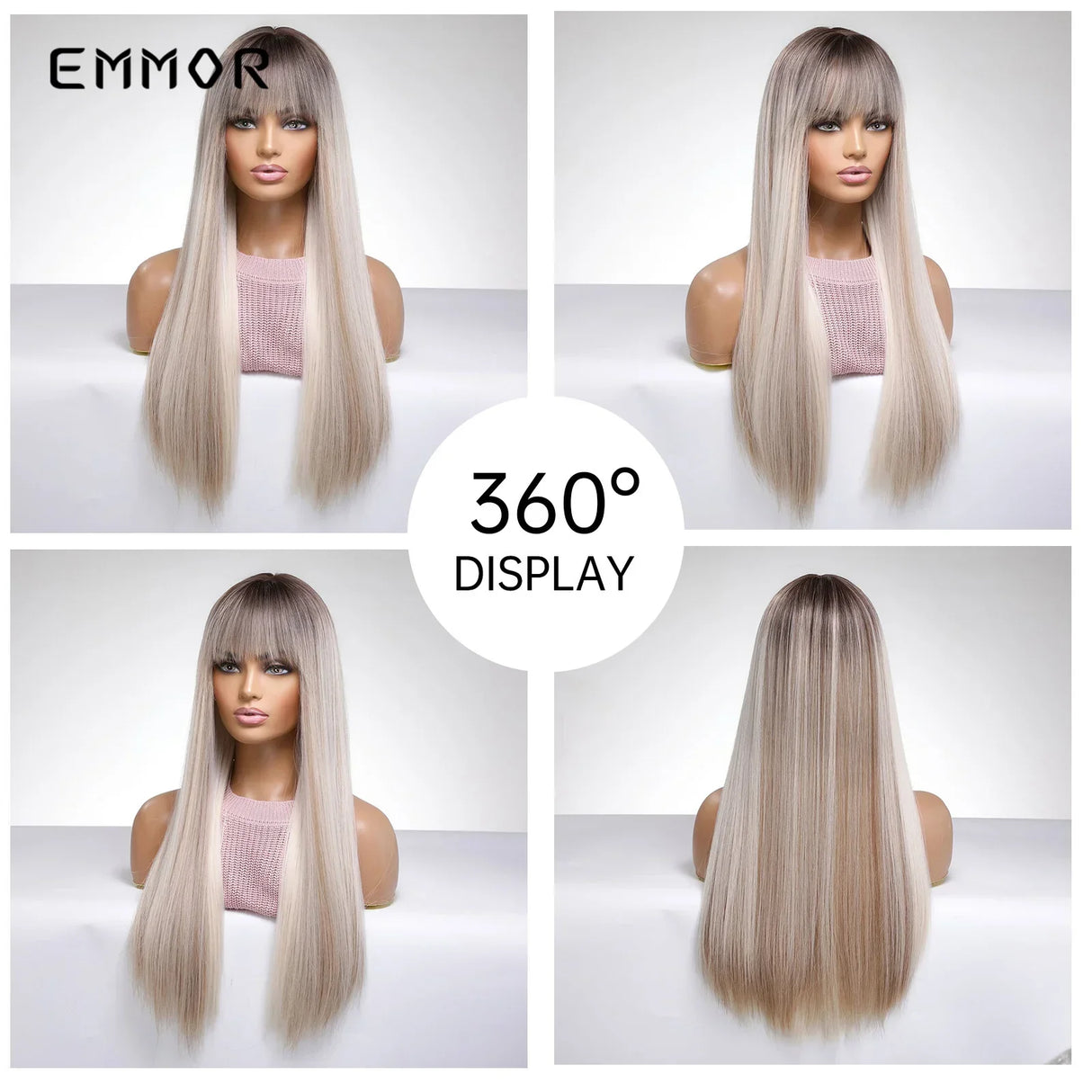 Emmor Long Platinum Blonde White Wig with Bang