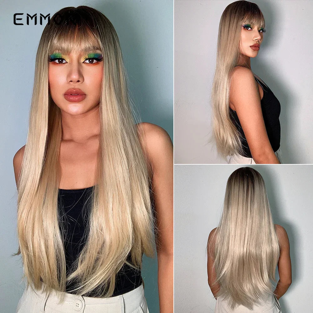 Emmor Long Platinum Blonde White Wig with Bang
