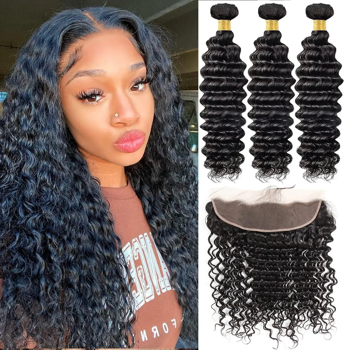 Brazilian Hair Deep Wave Bundles with Frontal Virgin