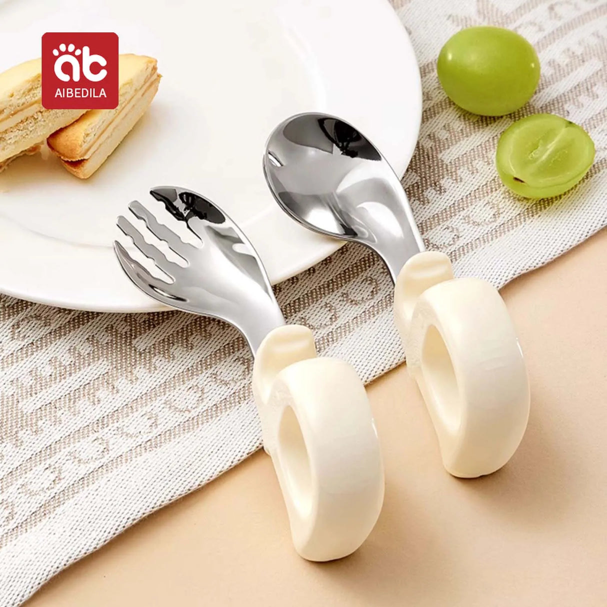 AIBEDILA Newborn Feeding Spoon Fork Set Silicone Handle
